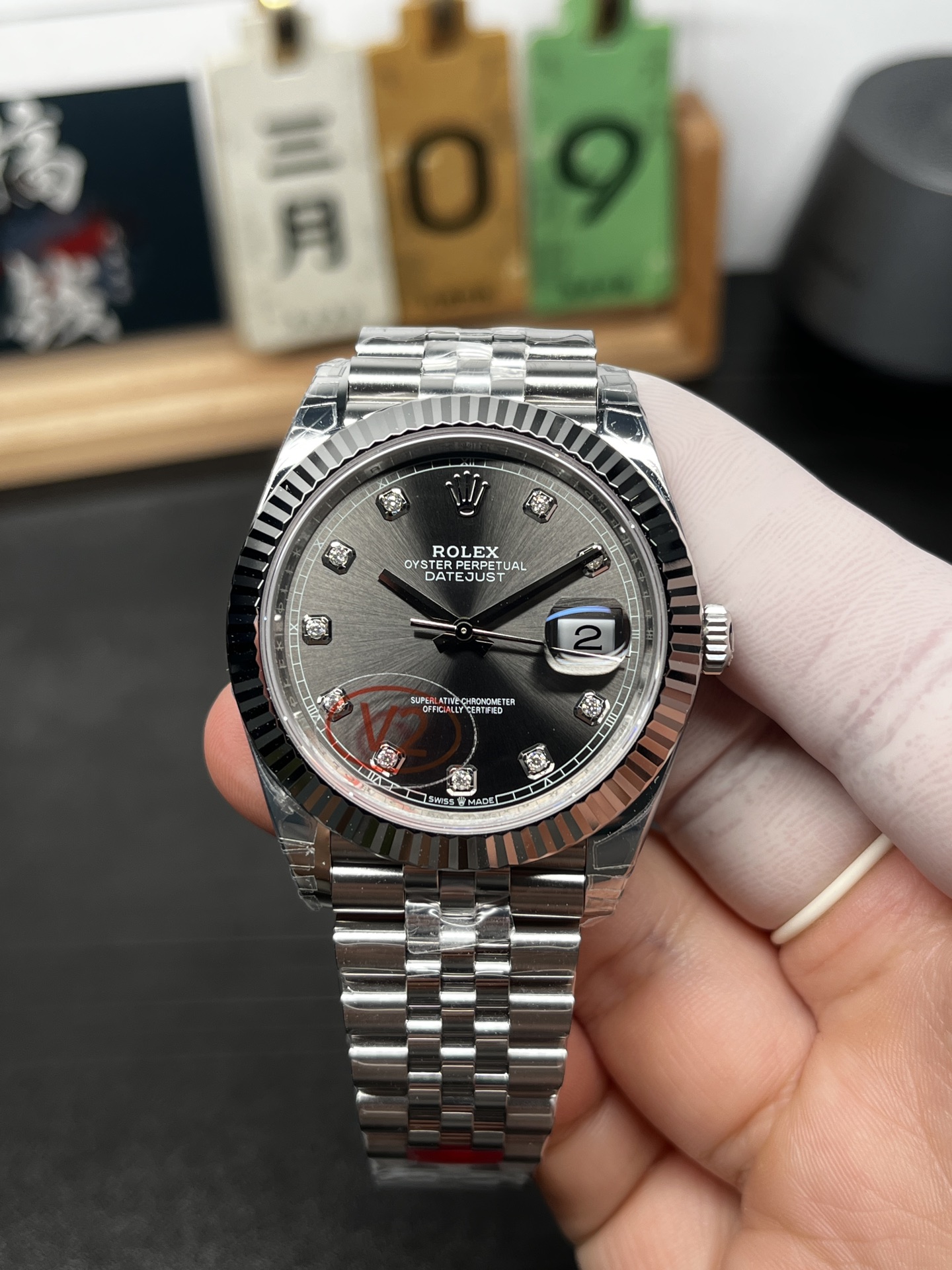 i1772996682708_864_0_0-1-1.jpg VS Factory (V2) Rolex Datejust 41mm Sunburst Slate Diamond Dial Fluted Bezel Jubilee Bracelet (126334) 1:1 Super Clone – DD3235 Movement - Image 1