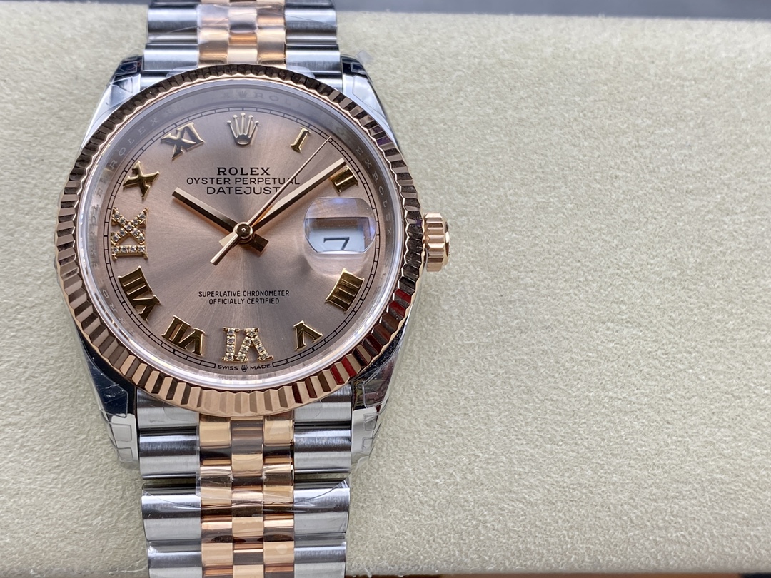 vsf-11598-71c96c283c-a1690897836481_1577-1 VS Factory Rolex Datejust 36mm Two-Tone Rose Gold Rosé Dial with Diamond Roman Makes (126231) 1:1 Super Clone – DD3235 Movement - Image 1