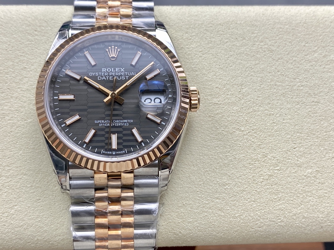 vsf-15885-4efd3108d5-a1732532748739_7511-1-1 VS Factory Rolex Datejust 36mm Slate Fluted Motif Dial Fluted Bezel Two-Tone Rose Gold Jubilee Bracelet (126231) 1:1 Super Clone – DD3235 Movement - Image 1