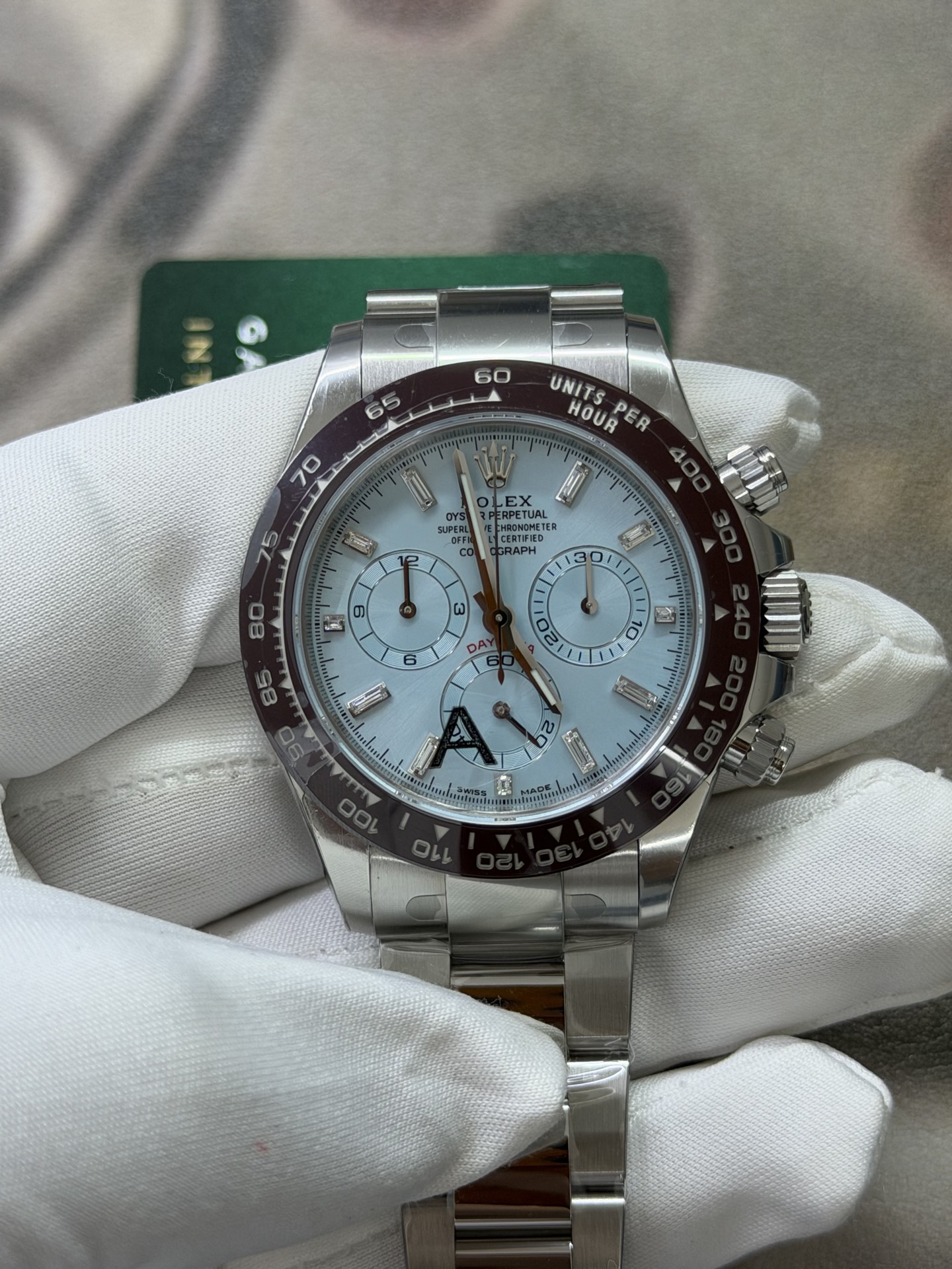 i1783787567927_9129_0_0 VS Factory Rolex Cosmograph Daytona 40mm Platinum Ice Blue Baguette Diamond Dial (116506) 1:1 Super Clone – DD4130 Movement - Image 1